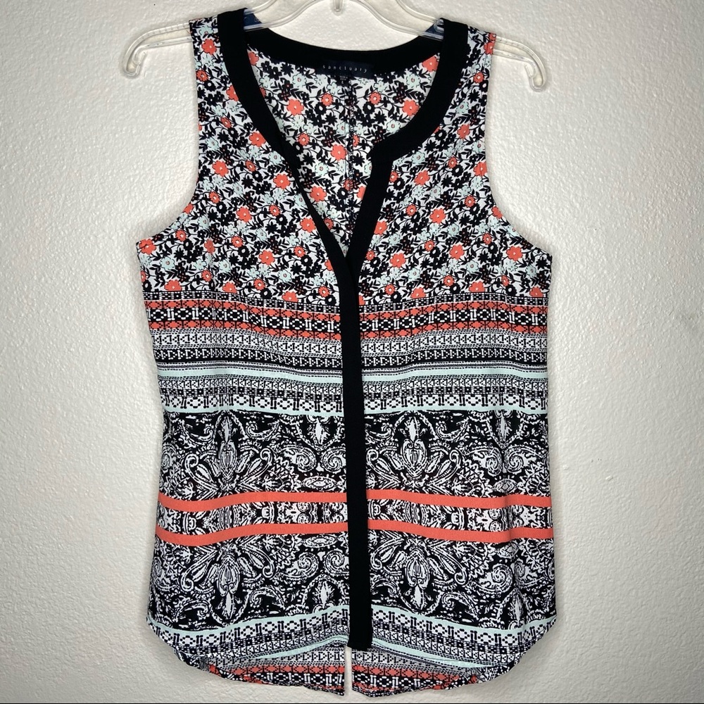 SANCTUARY Black & White Coral Floral career Top